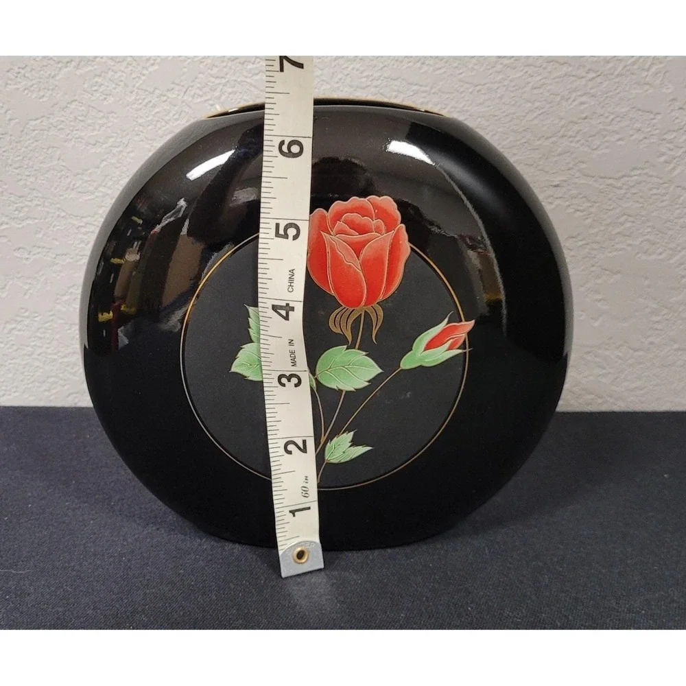 Vintage Otagiri Japan Crimson Rose Black Porcelain Vase 7 x 6 Inch